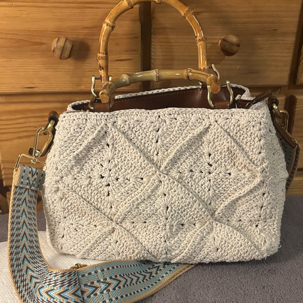 Patricia Nash Cream Crochet Bag with Bamboo Handles